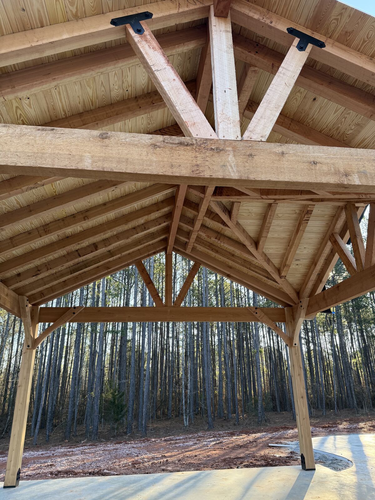 Inside a timber-frame pavilion: exposed heavy timber trusses, steel brackets and a wood ceiling